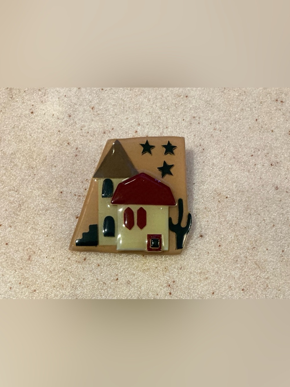 Desert Home Enamel Brooch - Red & Tan